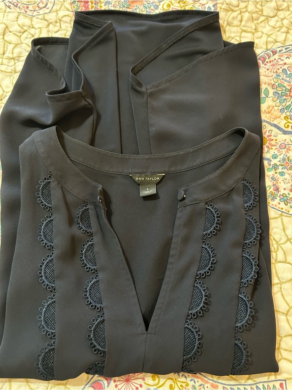 Ann Taylor Navy Scalloped Crochet Trim Blouse